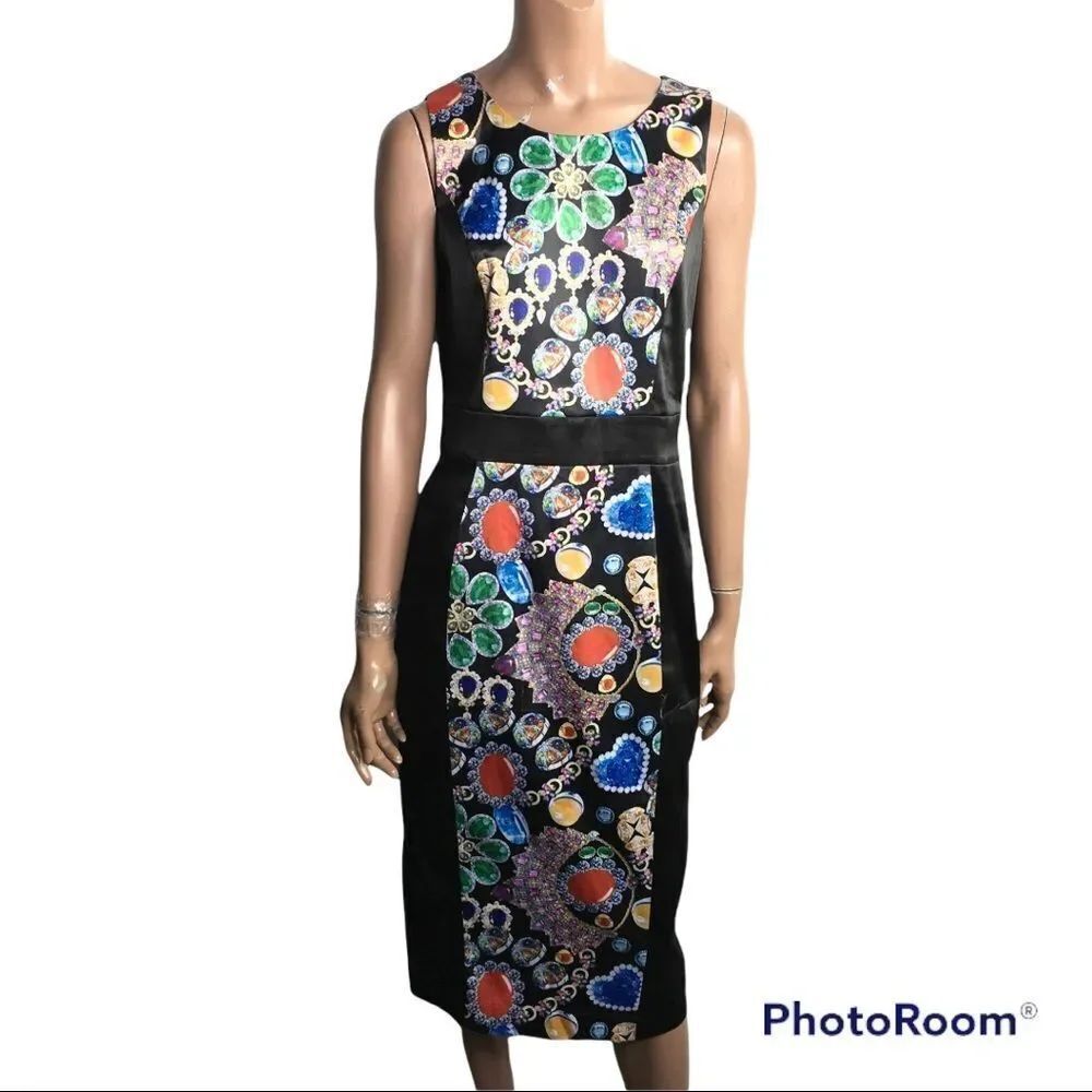 Tatyana black colorful abstract print midi vintage sheath dress M